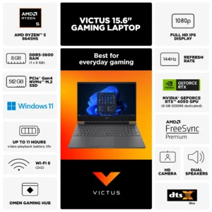HP Victus 15 Fb2082wm AMD Ryzen™ 5 8645HS | 8GB DDR5 RAM ; 512GB SSD |  RTX 4050 , 6GB | 15.6 inch FHD IPS Display 144Hz | Backlit Keyboard | Windows 11 Home | MICA SILVER